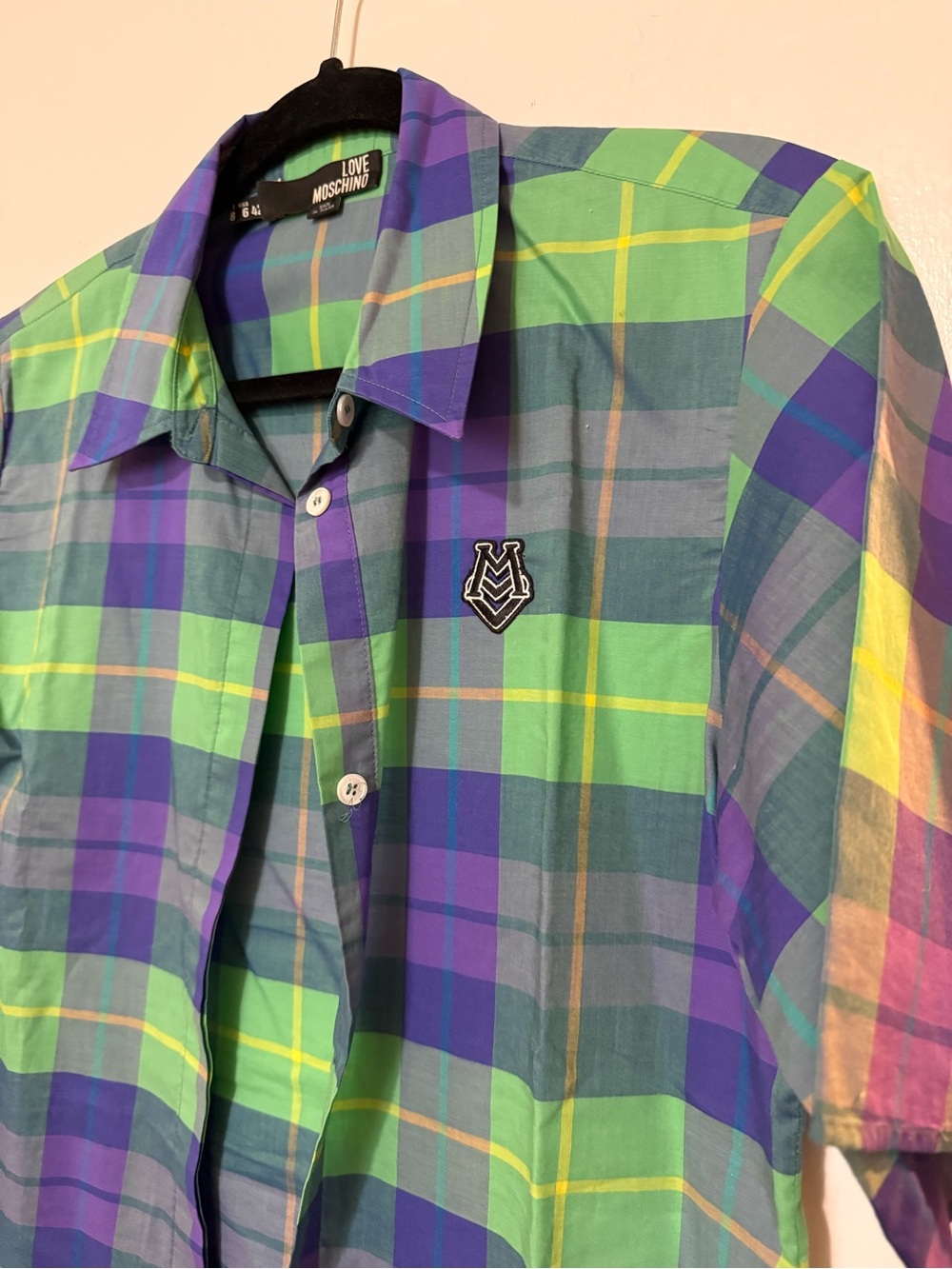 Moschino Plaid Button-Up Shirt in Green, Blue & Purple - Picture 3 of 5